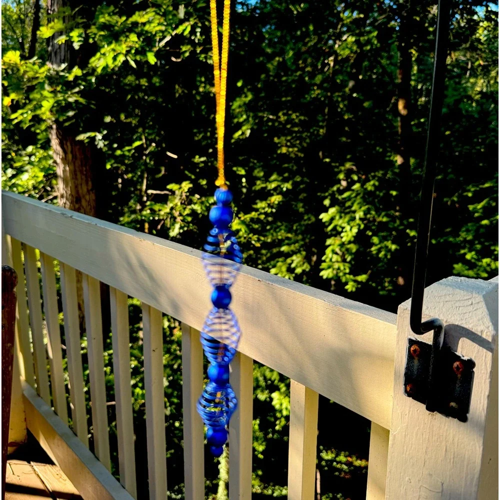 Lot of 10 Metallic Blue Metal Coil Bead Tree Hanging Ornaments 6”